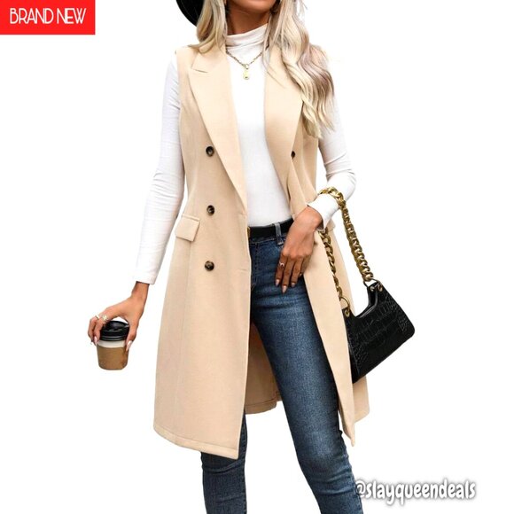Long Wool Vest Sleeveless Blazer Jacket Knee Length Notch Lapel